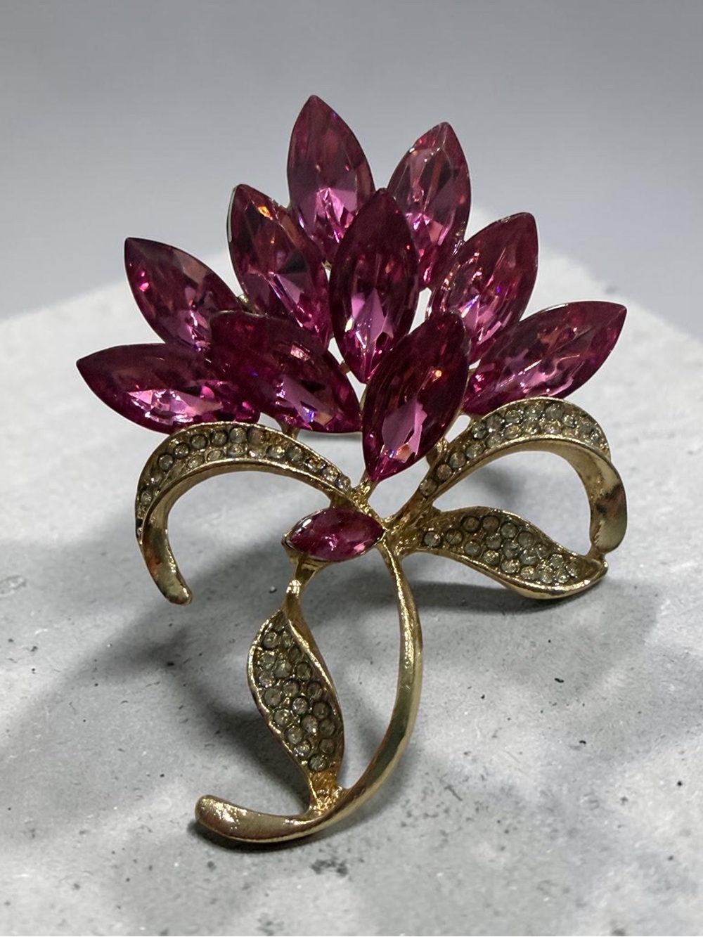 Pink Crystal Floral Brooch - Gold Tone